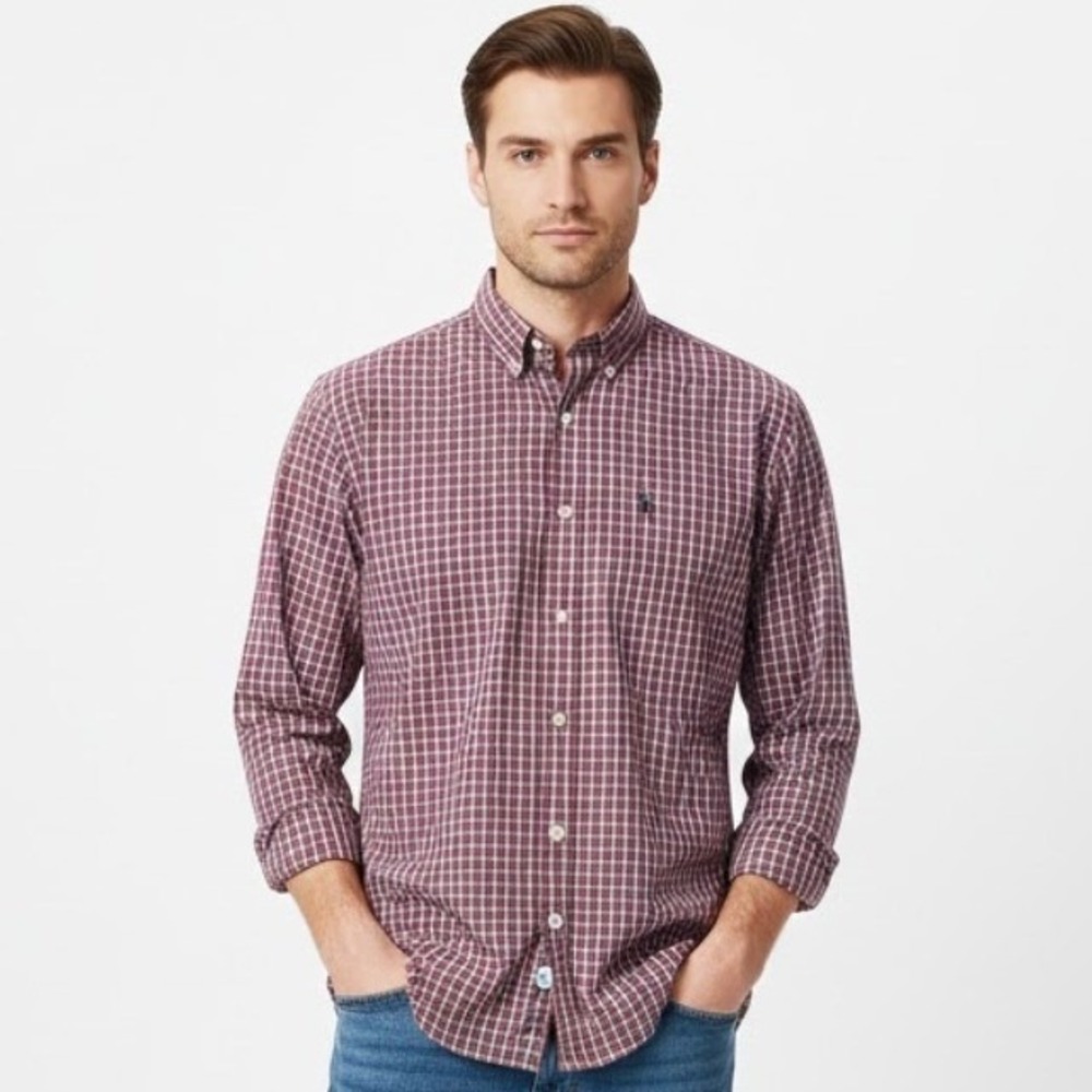 IZOD Men's Long Sleeve Button Down Shirt Red Navy‎ Plaid Classic Fit L Preppy